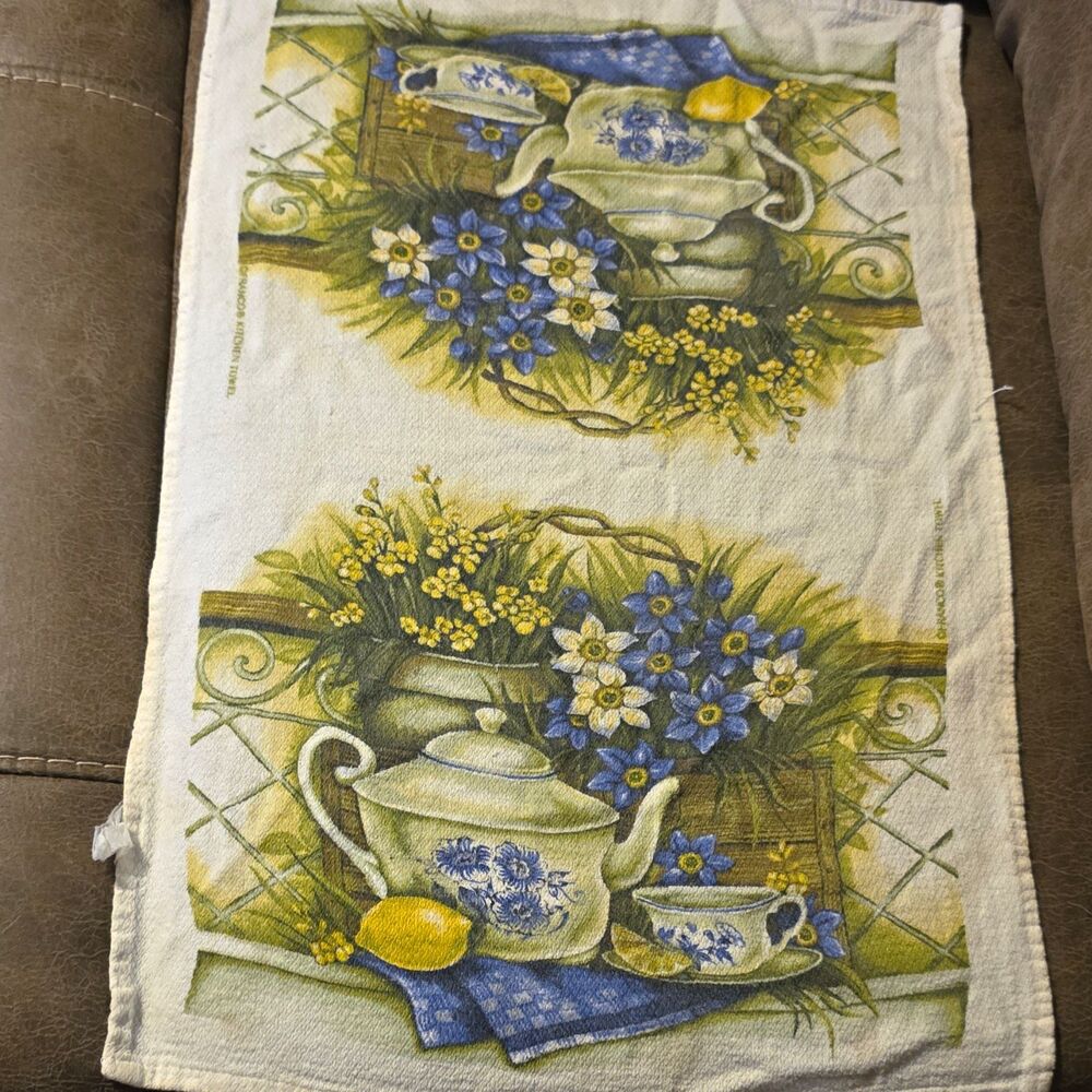Cotton Floral Teapot & Lemon Tea Towel, White/Blue/Green/Yellow, Washable